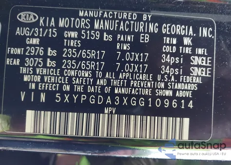 2016 Kia Sorento 2.4L Lx from USA, damaged, VIN 5XYPGDA3XGG109614